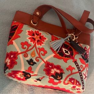 SPARTINA 449 Floral Embroidered Tote Bag with Brown Leather Trim